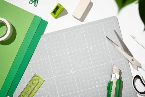 Top view of diy tools and hobby equipment for art projects and paper modeling Stock Photos