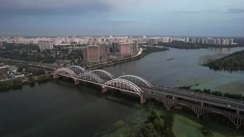 Top View Of The Dnieper River And Darnytskyi Bridge At Sunset Stock Footage 171706271