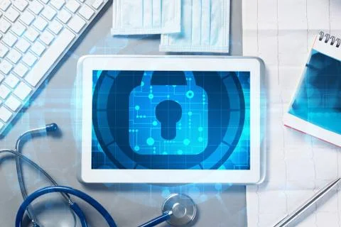 Top view of doctor workplace with tablet pc and medicine tools on wooden table Stock Illustration