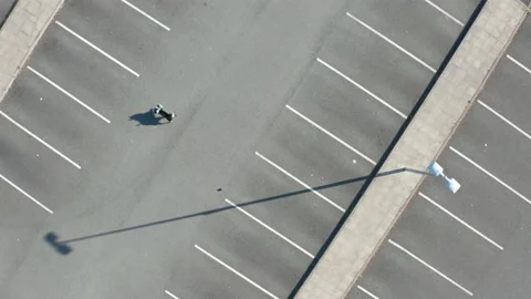 Top view of dog chasing a ball in a car park Video stock 130980653