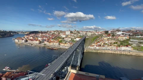Top view on Dom Luis Bridge in Porto town, Portugal. Luis Bridge, is a double Stock Footage 232639890
