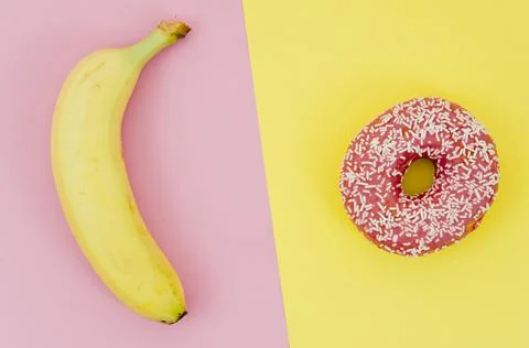 Top view donut vs fruit. High quality and resolution beautiful photo concept Stock Photos