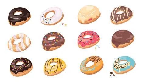 Top View Donuts isolated on white background. Doughnuts in colorful glaze, kids Illustrazione stock