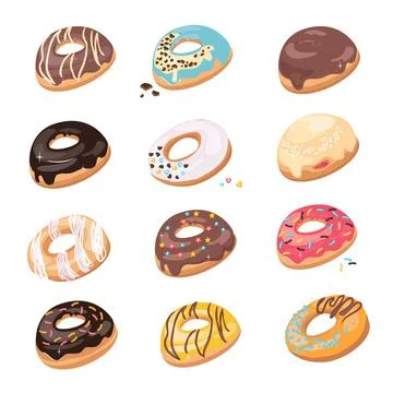 Top View Donuts isolated on white background. Doughnuts in colorful glaze, kids Stock Illustration