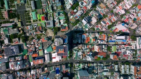 Top view of down birds eye city Nha Trang street with skyscrapers of Vietnam Stock Footage 238919472