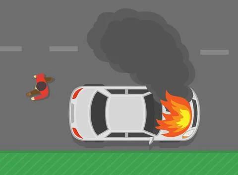 Top view of a driver runs away to escape after his car flares up. Burning car Stock Illustration
