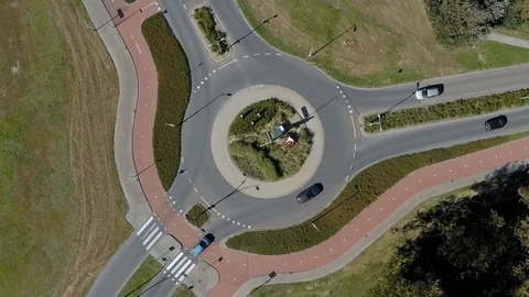 Top view drone aerial of traffic circle with cycle lane, Holland, Netherlands Stock Footage