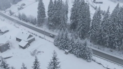 Top view from a drone of a car driving on a snowy Stock Footage 236774868