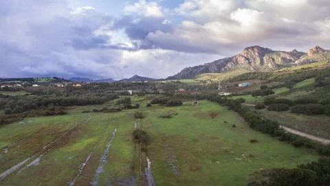 Top view with the drone of flooded fields and river overflowed after a severe Stock Photos