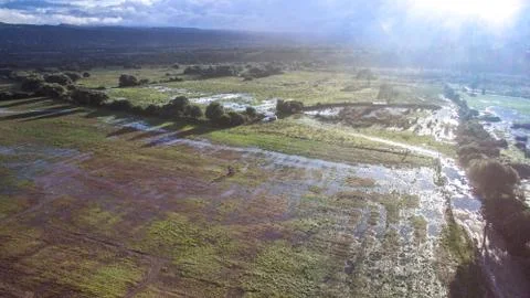 Top view with the drone of flooded fields and river overflowed after a severe Foto stock