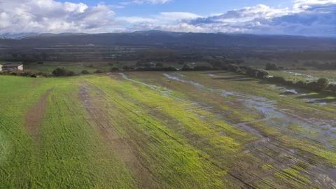 Top view with the drone of flooded fields and river overflowed after a severe Foto stock