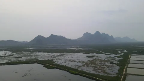 Top view of drone fly over field of water and mud and go to mountain direction Stock Footage 153412188