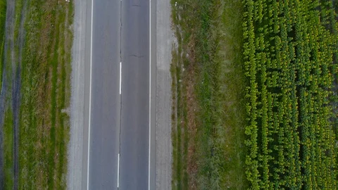 Top view drone flying above the road with driving cars and trucks. Vertical Video stock 114124615