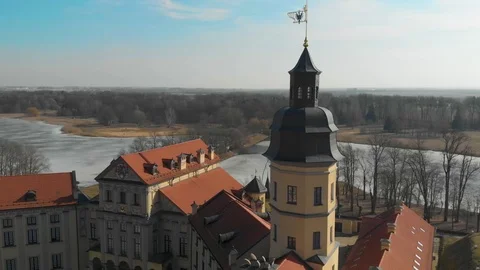 Top view from Drone flying over the old beautiful castle Stock Footage 126829724