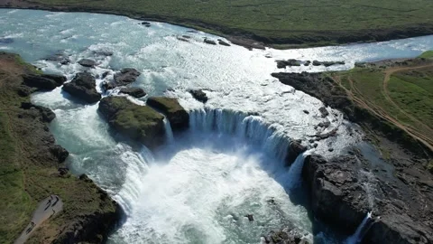 Top view drone orbit over horseshoe waterfall Godafoss, North Iceland Stock Footage 346551989