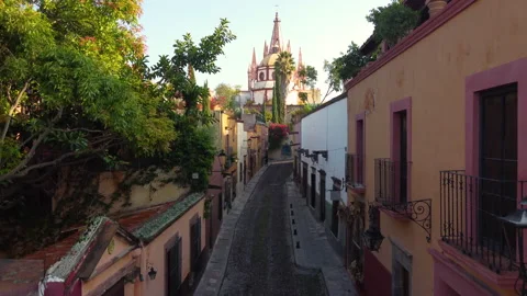 Top view drone to san Miguel de allende streets and Church Stock Footage 217380567