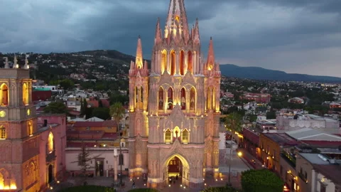Top view drone to san Miguel de allende streets and Church Stock Footage 217381598