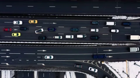 Top view drone shot of a big road junction, many cars moving on multi-lane road 스톡 동영상 155069413