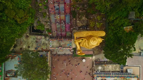 Top View Drone Shot Of Lord Murugan Statue And Batu Caves Stairs Stock Footage 315448656