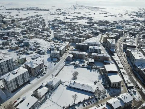 Top view from a drone of a snowy city. Sarikaya,Yozgat,Turkey Stock Photos
