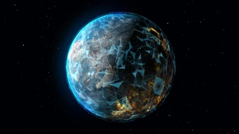 Top view of Earth with blue plexus triangles glowing - day to night time lapse Stock Footage 121424994