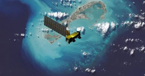 Top view of Earth-observing Aqua spacecraft in orbit above Bermuda. Stock Footage 63073246