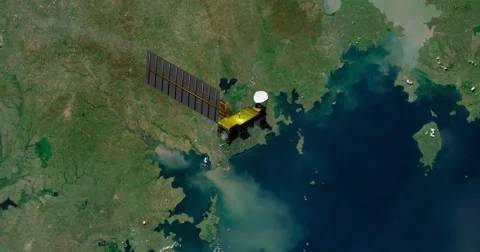 Top view of Earth-observing Aqua spacecraft in orbit above Lake Victoria. Stock Footage 63074434