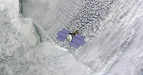 Top view of Earth-observing CloudSat spacecraft in orbit above Northern Canada. Stock Footage 63010323