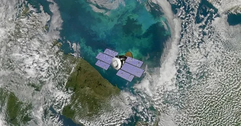 Top view of Earth-observing CloudSat spacecraft in orbit above the Barents Sea Stock-Footage 63014092