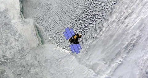 Top view of Earth-observing ICESat spacecraft in orbit above The Canadian Arctic Stock Footage 66288759