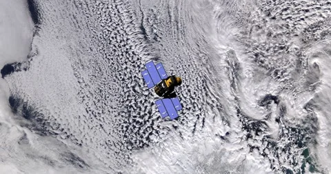 Top view of Earth-observing ICESat spacecraft in orbit above The Norwegian Sea. Stock Footage 66293245