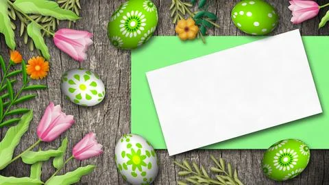 Top view of easter background with decorated eggs, flowers and blank paper .. Stock Illustration