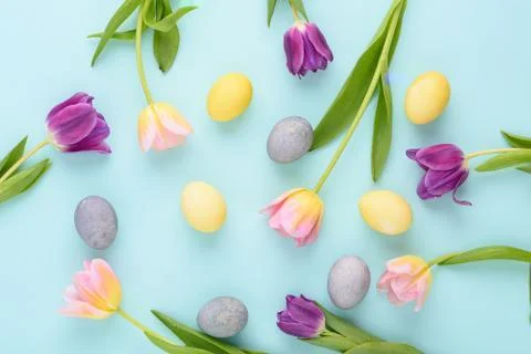 Top view Easter background of purple and pink tulips, pastel yellow, blue egg Foto stock