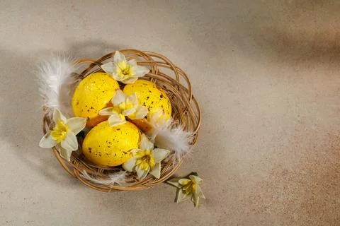 Top view of Easter basket with golden eggs, feathers and daffodils Stock Photos