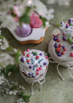 Top view of Easter cakes and painted Easter eggs Stock Photos
