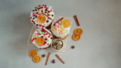 Top view of Easter Cakes decoreted with dried Fruits on Grey Background Stock Footage 236855408
