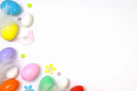 Top view of an Easter composition of painted eggs in bright juicy colors on a Stock Photos