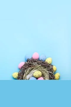 Top view of easter egg nest flat lay vertical. Stock Photos