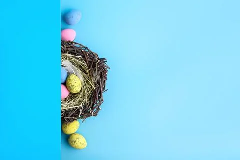 Top view of easter egg nest flat lay. Stock Photos