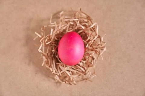 Top view, an Easter egg in a nest on a beige background. Minimal concept. With Stock Photos