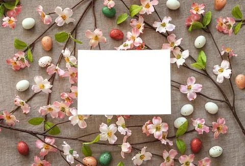 Top view of Easter eggs and flowers on a beige background. Stock Photos