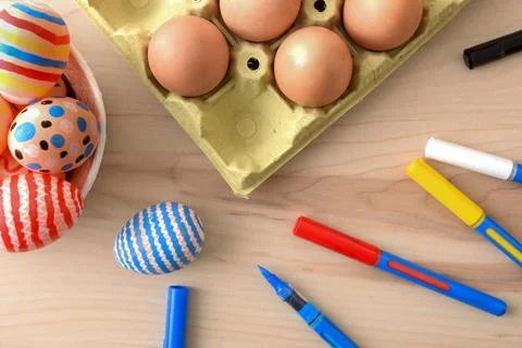 Top View Easter Eggs and Painting Supplies Stock Photos