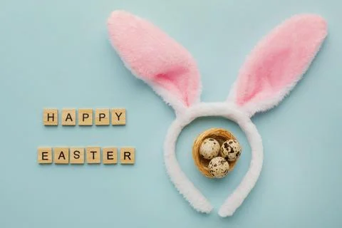 Top view easter eggs with greeting bunny ears 写真素材