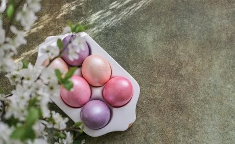 Top view of Easter eggs painted in pastel colors on green background with spa Foto stock
