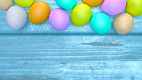 Top view of Easter eggs on a wooden table. Stock Illustration
