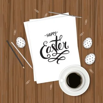 The top view of easter on wooden table office workplace Stock Illustration