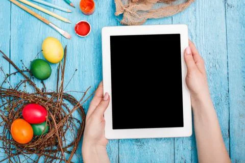The top view of easter on wooden table office workplace Stock-Fotos