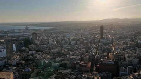 Top view of the eastern Spanish city of Alicante with the harbor at sunset. Stock Footage 153238889