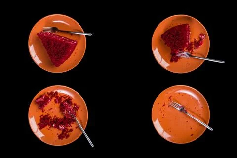 Top View. Eating process of delicious Red velvet cake on a ceramic plate with a Stock Photos