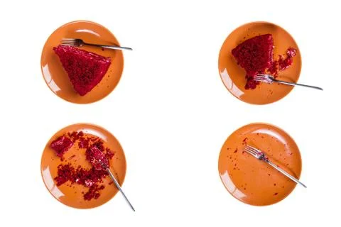 Top View. Eating process of delicious Red velvet cake on a ceramic plate with a Stock Photos